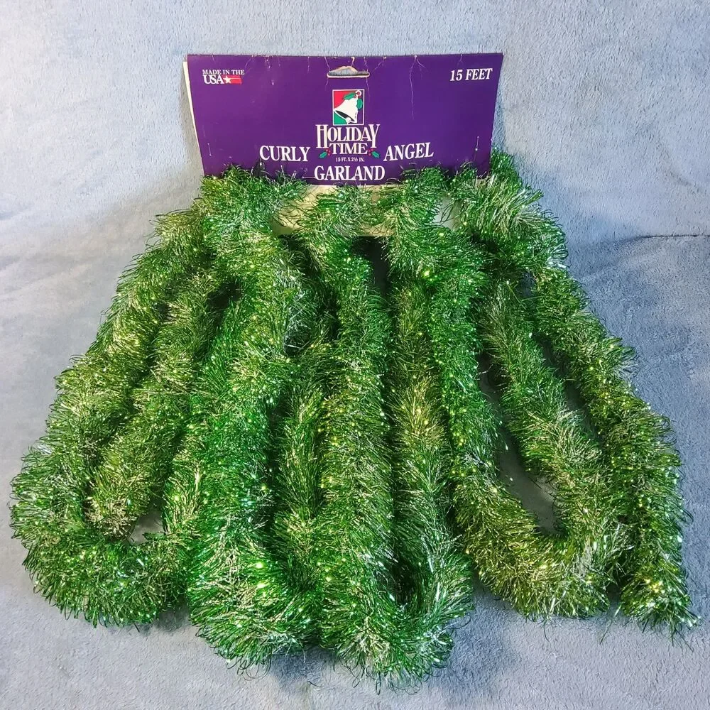 Vintage Holiday Time Green Silver Tinsel Garland Curly Angel 15 Ft Made USA